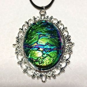 Druzy titanium bismuth silver pendant necklace handmade green blue purple gem